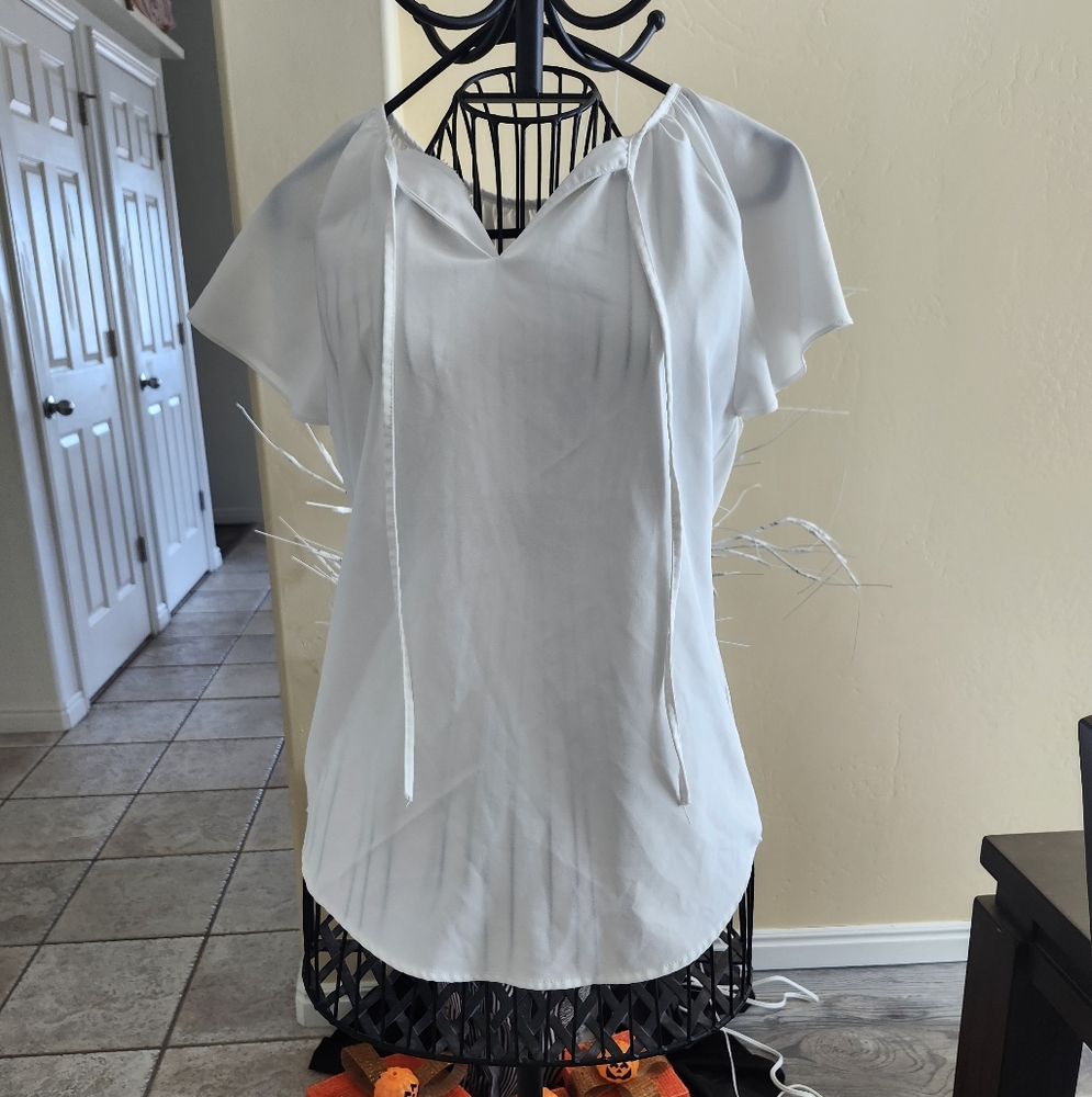 women's white summer blouse with drawstrings, flowy ruffle sleeves  size small